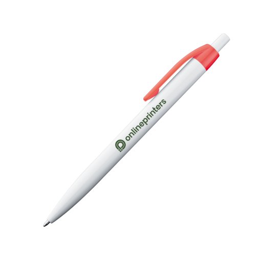 Bolgrafo de plstico rojo con clip y botn pulsador.