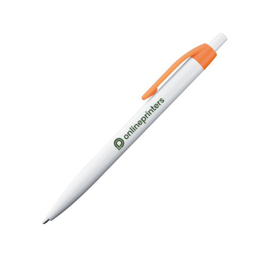 Bolgrafo de plstico naranja con clip y botn pulsador.