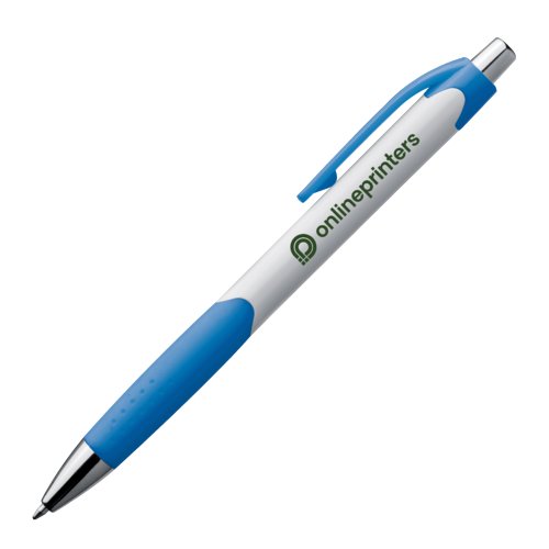 Bolgrafo de plstico azul con clip y botn pulsador.