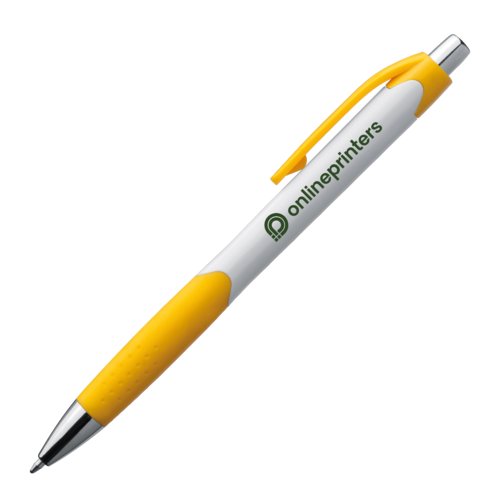 Bolgrafo de plstico amarillo con clip y botn pulsador.