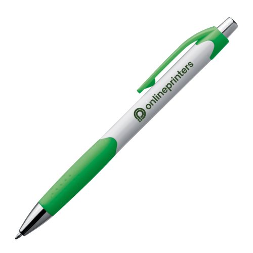 Bolgrafo de plstico verde con clip y botn pulsador.