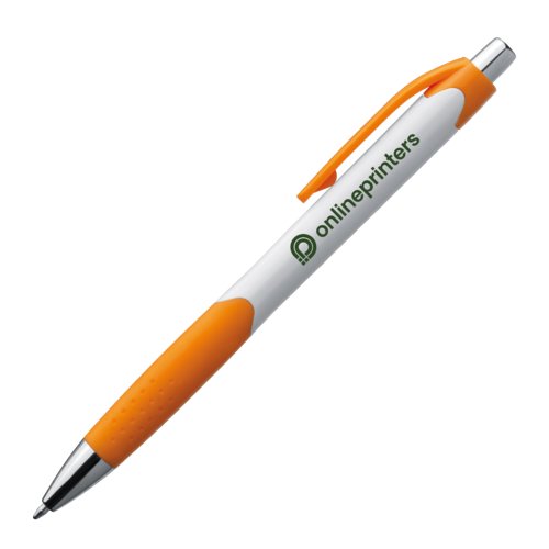 Bolgrafo de plstico naranja con clip y botn pulsador.