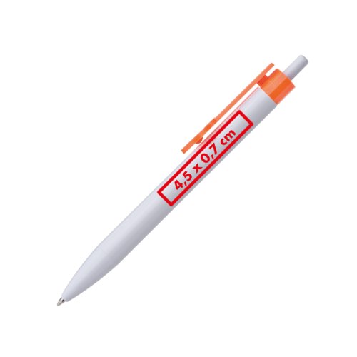 Bolgrafo de plstico blanco con clip naranja y mecanismo de pulsacin.