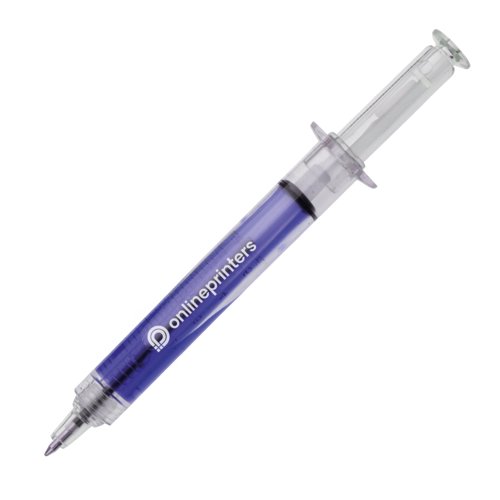 Bolgrafo de plstico azul con forma de jeringa y mecanismo de pulsacin.