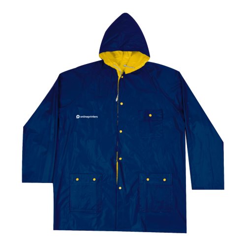 Chaqueta de lluvia reversible azul y amarilla con capucha y bolsillos.
