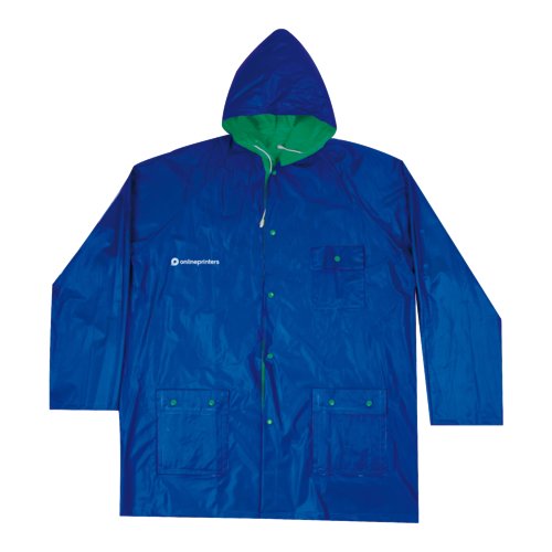 Chaqueta de lluvia reversible azul y verde con capucha y bolsillos.
