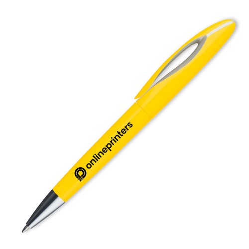 Bolgrafo de plstico amarillo con clip y botn pulsador.