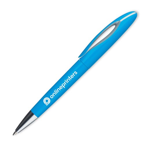 Bolgrafo de plstico azul claro con diseo y botn pulsador.