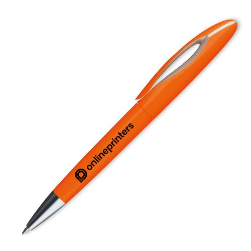 Bolgrafo de plstico naranja con clip.