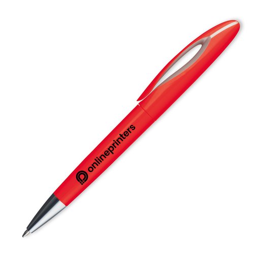 Bolgrafo de plstico rojo con clip y botn pulsador.