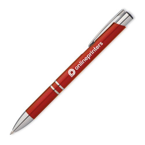 Bolgrafo rojo de metal con clip y botn pulsador.