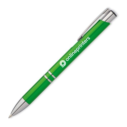 Bolgrafo de metal verde con clip y botn pulsador.