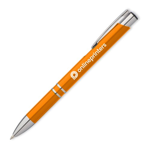 Bolgrafo de metal naranja con clip y botn.
