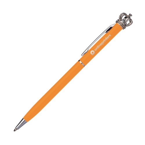 Bolgrafo naranja de metal con clip y decoracin de corona.