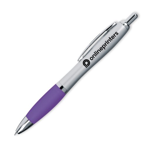 Bolgrafo de plstico violeta con clip y botn pulsador.