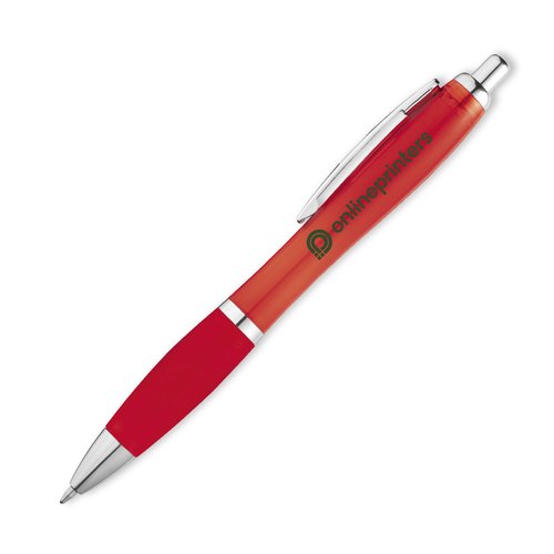 Bolgrafo de plstico rojo con clip y botn pulsador.