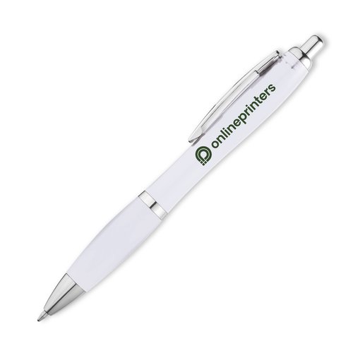 Bolgrafo blanco de plstico con clip y botn pulsador.