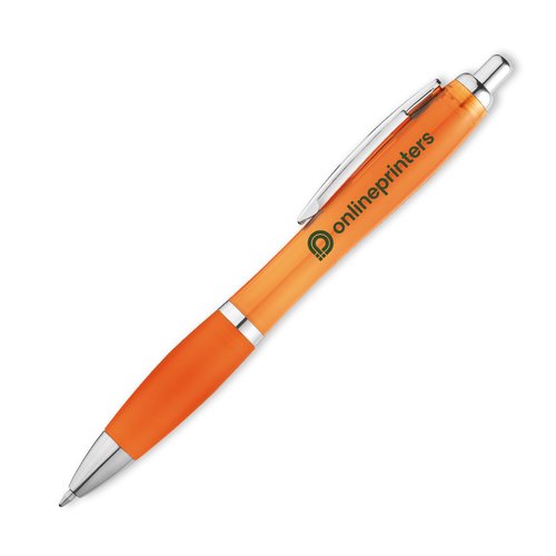 Bolgrafo de plstico naranja con clip y botn pulsador.