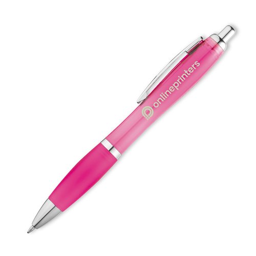 Bolgrafo de plstico rosa con clip.