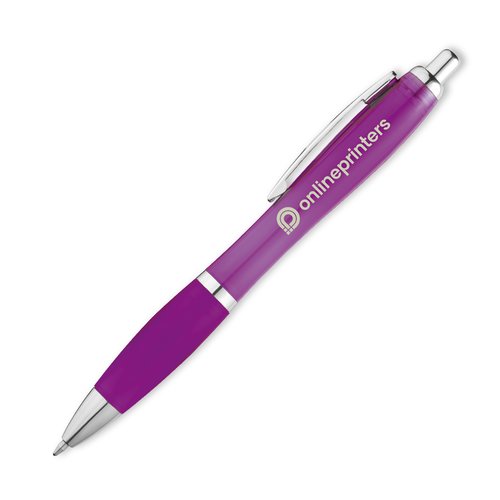Bolgrafo de plstico violeta con clip y botn pulsador.