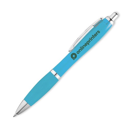 Bolgrafo azul claro con clip y botn pulsador.