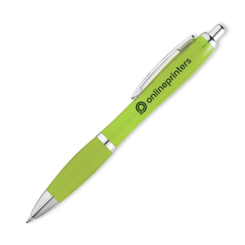 Bolgrafo de plstico verde manzana con clip y botn pulsador.