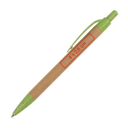 Bolgrafo de papel marrn con clip y botn pulsador.