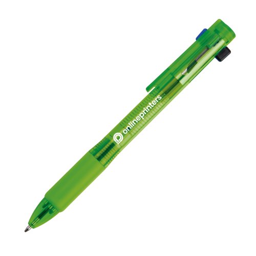 Bolgrafo de plstico verde con cuatro recambios y clip.