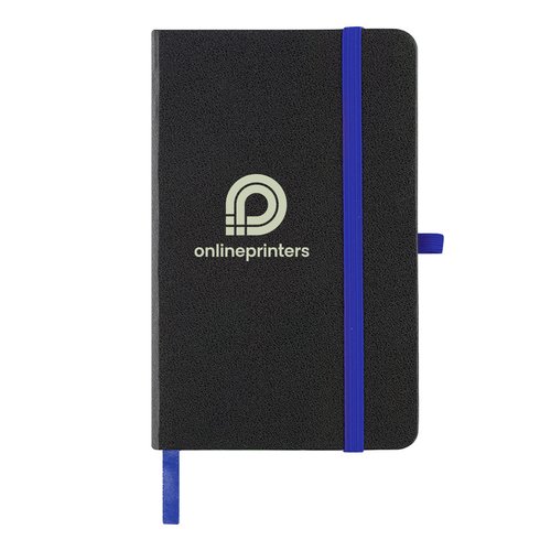 Cuaderno azul con cierre elstico.