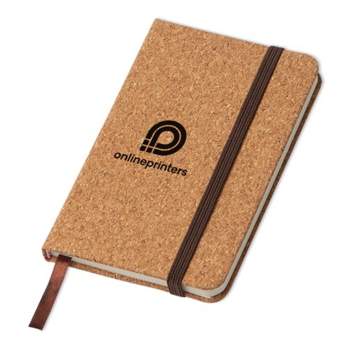 Cuaderno de corcho con goma elstica y cinta marcapginas.