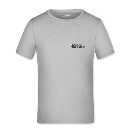 Camiseta infantil de polister gris jaspeado con mangas cortas.