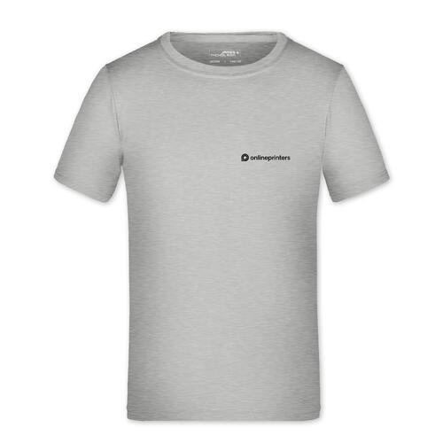 Camiseta infantil de poli�ster gris jaspeado con mangas cortas.