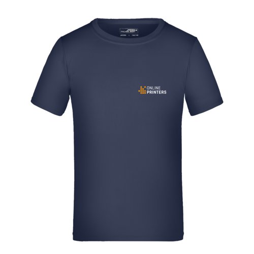 Camiseta de polister azul oscuro para nios con mangas cortas.