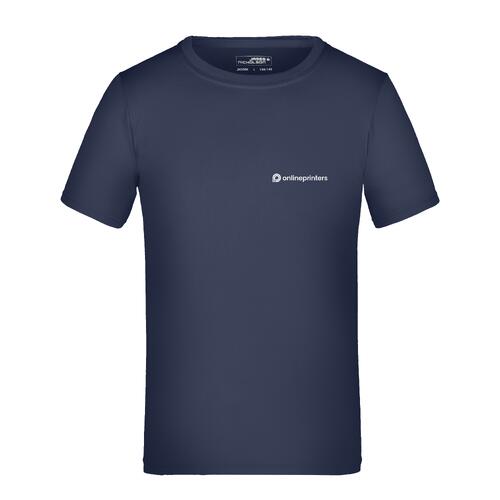 Camiseta de poli�ster azul oscuro para ni�os con mangas cortas.
