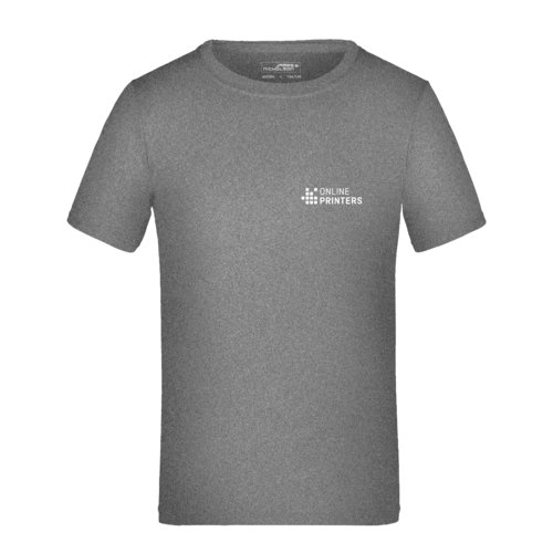 Camiseta de polister gris oscuro jaspeado para nios con mangas cortas.