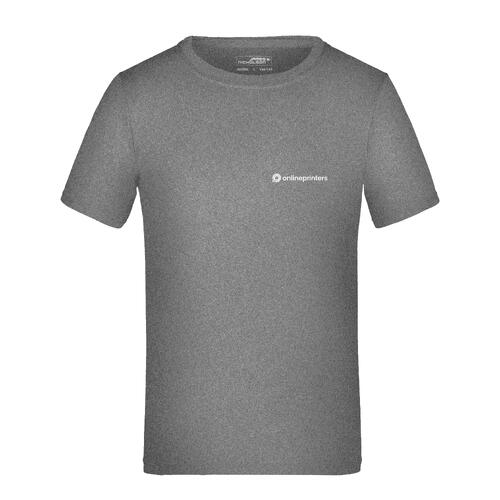 Camiseta de poli�ster gris oscuro jaspeado para ni�os con mangas cortas.