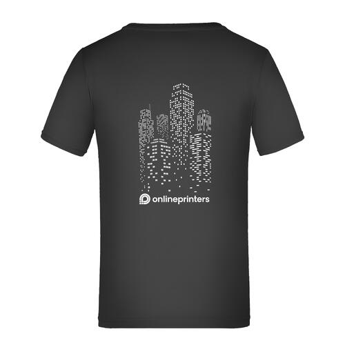 Camiseta negra de poli�ster para ni�o con mangas cortas.