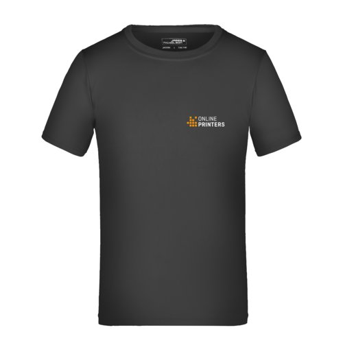 Camiseta negra de polister para nios con mangas cortas.