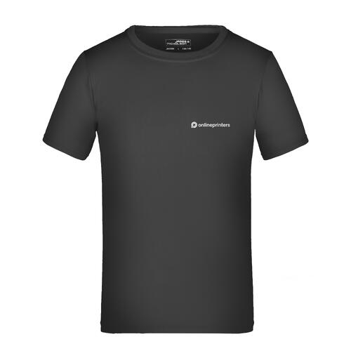 Camiseta negra de poli�ster para ni�os con mangas cortas.
