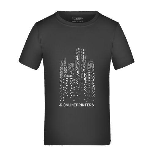 Camiseta negra de polister para nios con mangas cortas.
