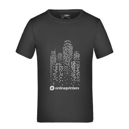 Camiseta negra de poli�ster para ni�os con mangas cortas.