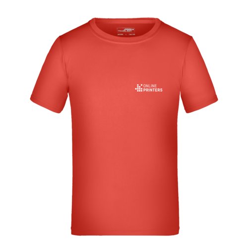 Camiseta roja de polister para nios con mangas cortas.