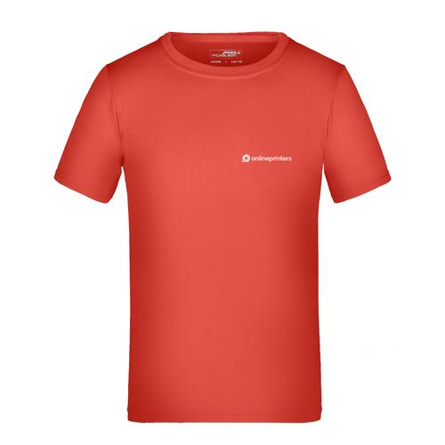 Camiseta roja de poli�ster para ni�os con mangas cortas.