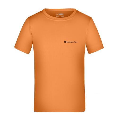 Camiseta naranja de poli�ster para ni�o con mangas cortas.