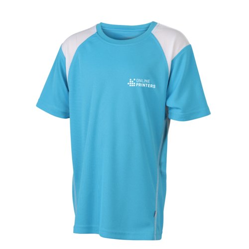 Camiseta de running de polister azul claro para nios con mangas cortas.