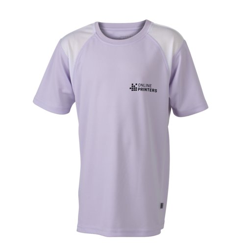 Camiseta de running de polister lila para nios con mangas cortas.