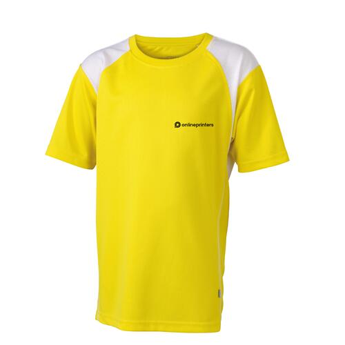 Camiseta de running amarilla/blanca de poli�ster para ni�os con mangas cortas.