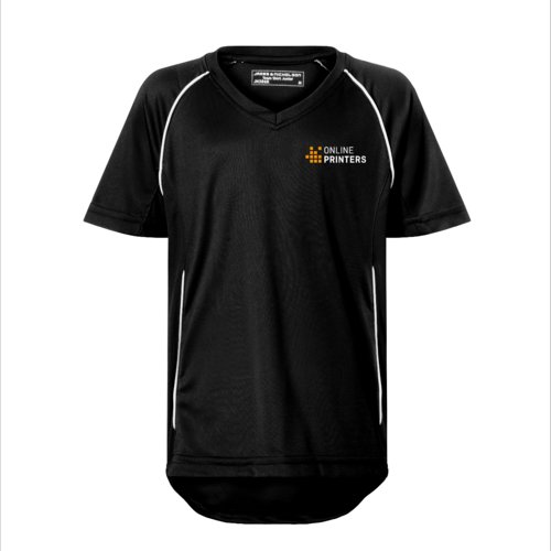 Camiseta de equipo infantil de polister negra y blanca con cuello en V.