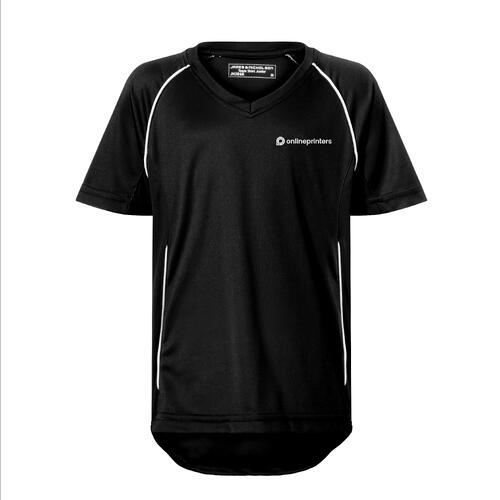 Camiseta de equipo infantil de poli�ster negra y blanca con cuello en V.