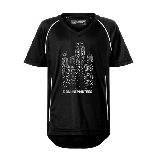 Camiseta de equipo infantil de polister negra y blanca con cuello en V.